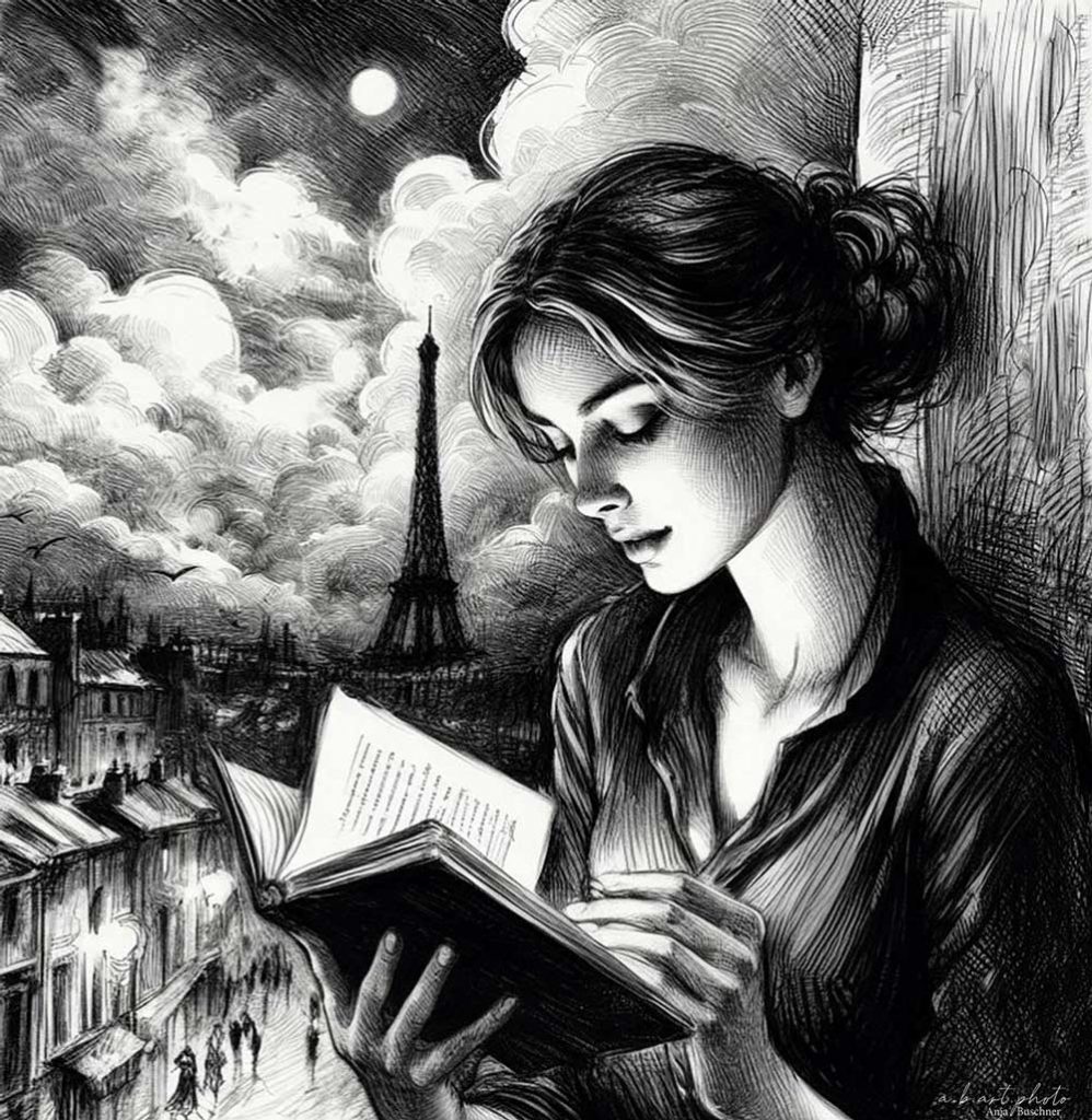 Frau liest Buch Eifelturm Gedicht Funke in der Nacht