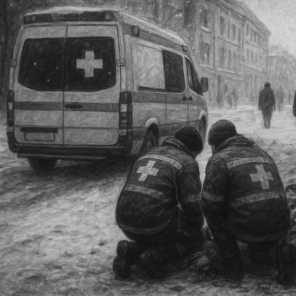 Schwarzweißzeichnung von Rettungskräften im Schnee neben einem Rettungswagen, inspiriert vom Gedicht „Kindlein ohne Wiege“.