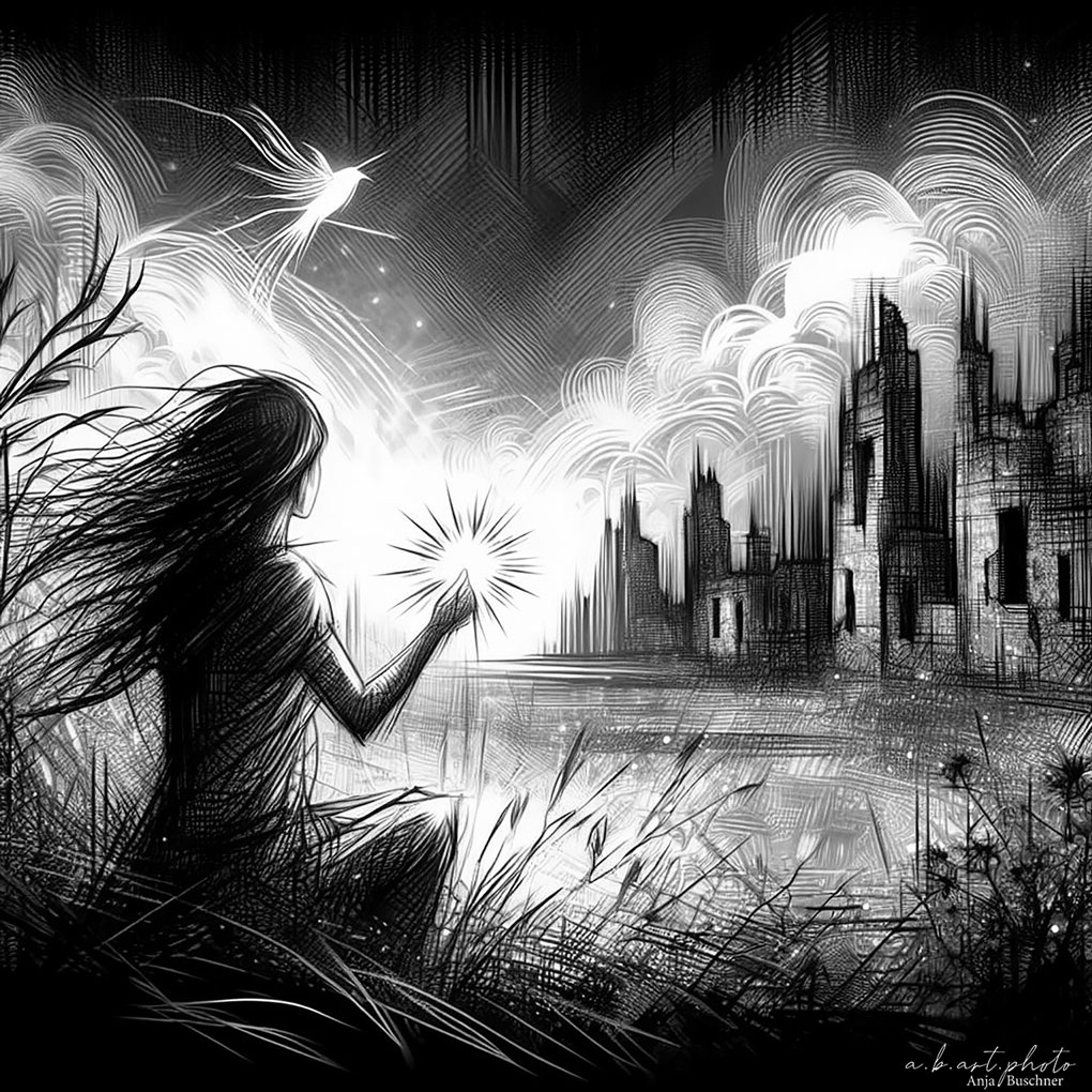 Ausdrucksstarke Schwarz-Weiß-Zeichnung einer Frau, die inmitten von wildem Gras sitzt und einen strahlenden Lichtfunken in der Hand schützt. Im Hintergrund erheben sich dunkle Stadtruinen vor einem unruhigen Himmel. Ein Symbol für Beharrlichkeit, Widerstandskraft und das Bewahren des eigenen inneren Kompasses in einer von Zerfall geprägten Welt.