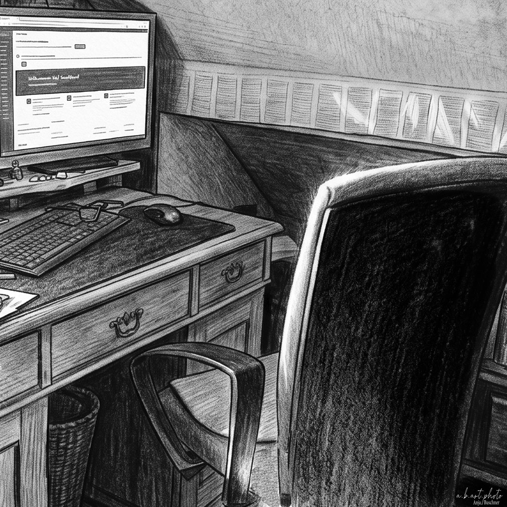 Eine detailreiche Schwarz-Weiß-Zeichnung eines gemütlichen Arbeitsplatzes unter einer Dachschräge. An einem massiven Holzschreibtisch mit Schubladen stehen ein dunkler Bürostuhl und ein eingeschalteter Computermonitor. Auf der Tastatur liegt eine Brille, was zusammen mit der davorliegenden Maus und dem kleinen Regal über dem Bildschirm den Eindruck eines privaten, intensiv genutzten Schreibplatzes vermittelt.