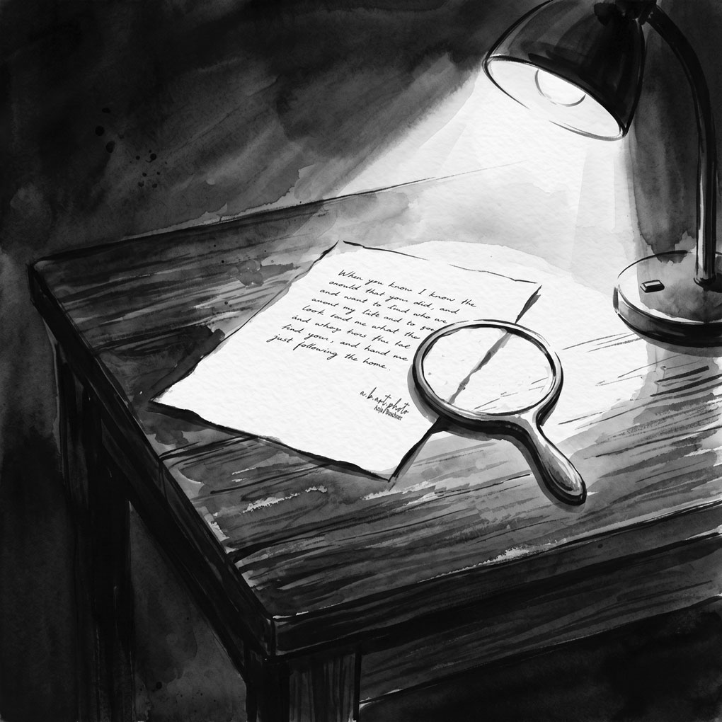 Zeichnung in Schwarz-Weiß-Tusche und Aquarell, die einen dunklen Holztisch zeigt, beleuchtet von einer Schreibtischlampe oben rechts. Auf dem Tisch liegt ein handgeschriebener Brief mit der Signatur „a.b.art.photo Anja/Buschner“, daneben eine Lupe.